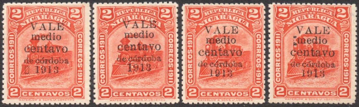 Nicaragua stamps 1913 surcharages Locomotive Varieties on the date 1913